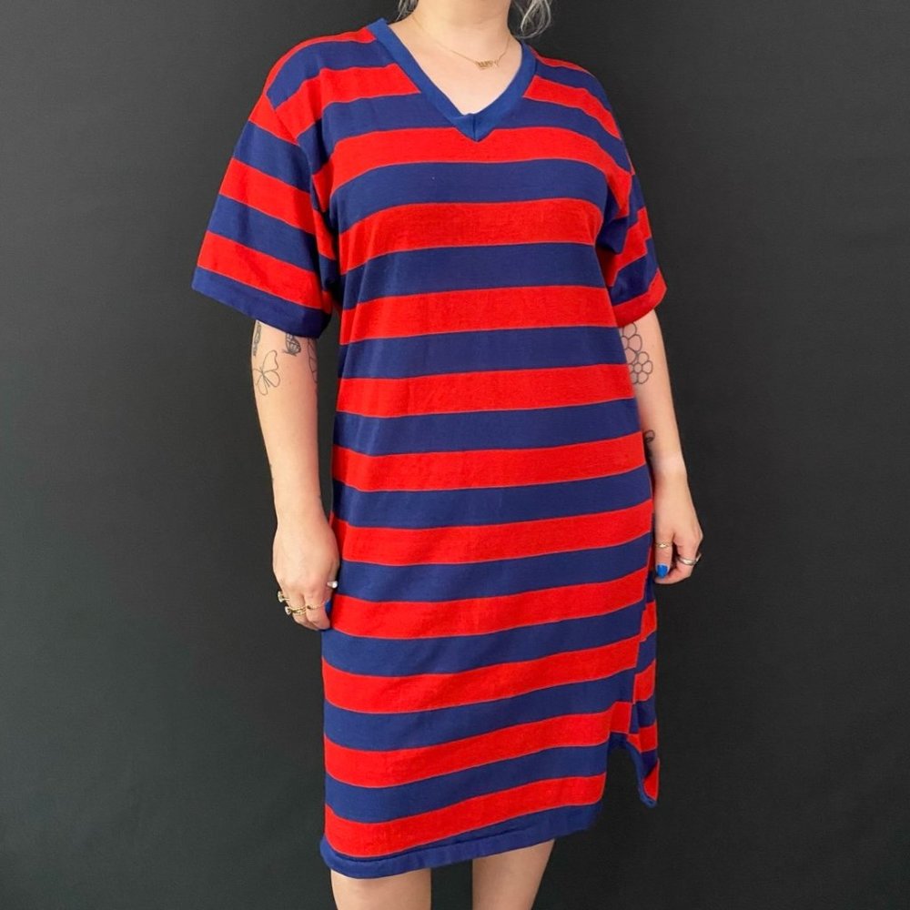 80s Diplomat Striped Sleep/Lounge V-Neck T-Shirt Dress